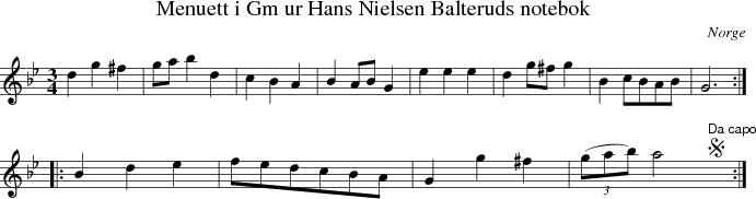 Menuett i Gm ur Hans Nielsen Balteruds notebok