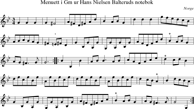 Menuett i Gm ur Hans Nielsen Balteruds notebok